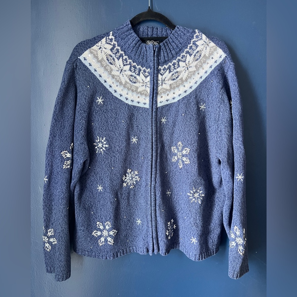 Crystal-Kobe Women’s XL Fair Isle Snowflake Knit Zip Cardigan Sweater